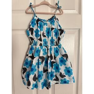 Vintage Polka Dot Blue Daisy Smocked Waist Tie Strap Sundress Girls Size 4